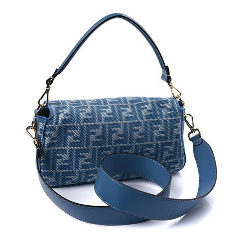 Denim Jacquard FF Effect Vitello Grace Reversible Baguette Ceruleo