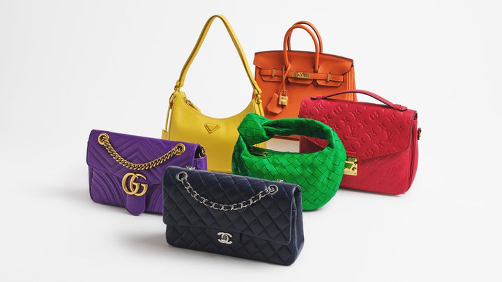 An image featuring a Chanel Double Flap, a Gucci Marmont, a Bottega Veneta Jodie, a Prada Re-Edition, a Louis Vuitton Pochette Métis, and an Hermes Birkin.