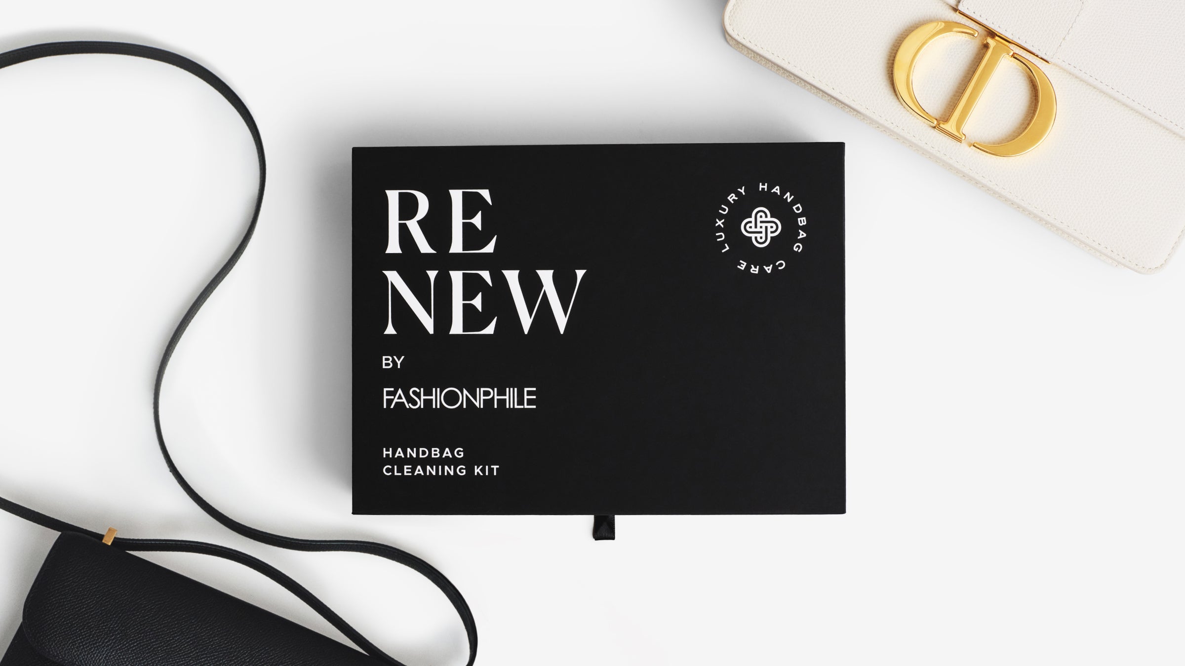 The ReNew Handbag Cleaning with two ultra-luxury bags on either side