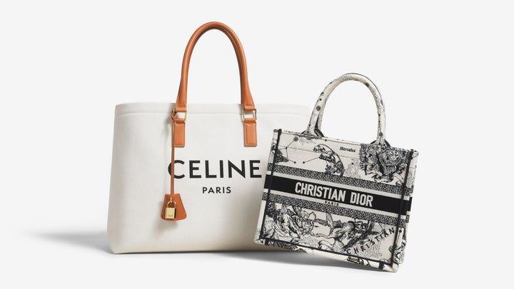 a Celine horizontal Cabas tote and a Christian Dior Zodiac Book Tote side by side