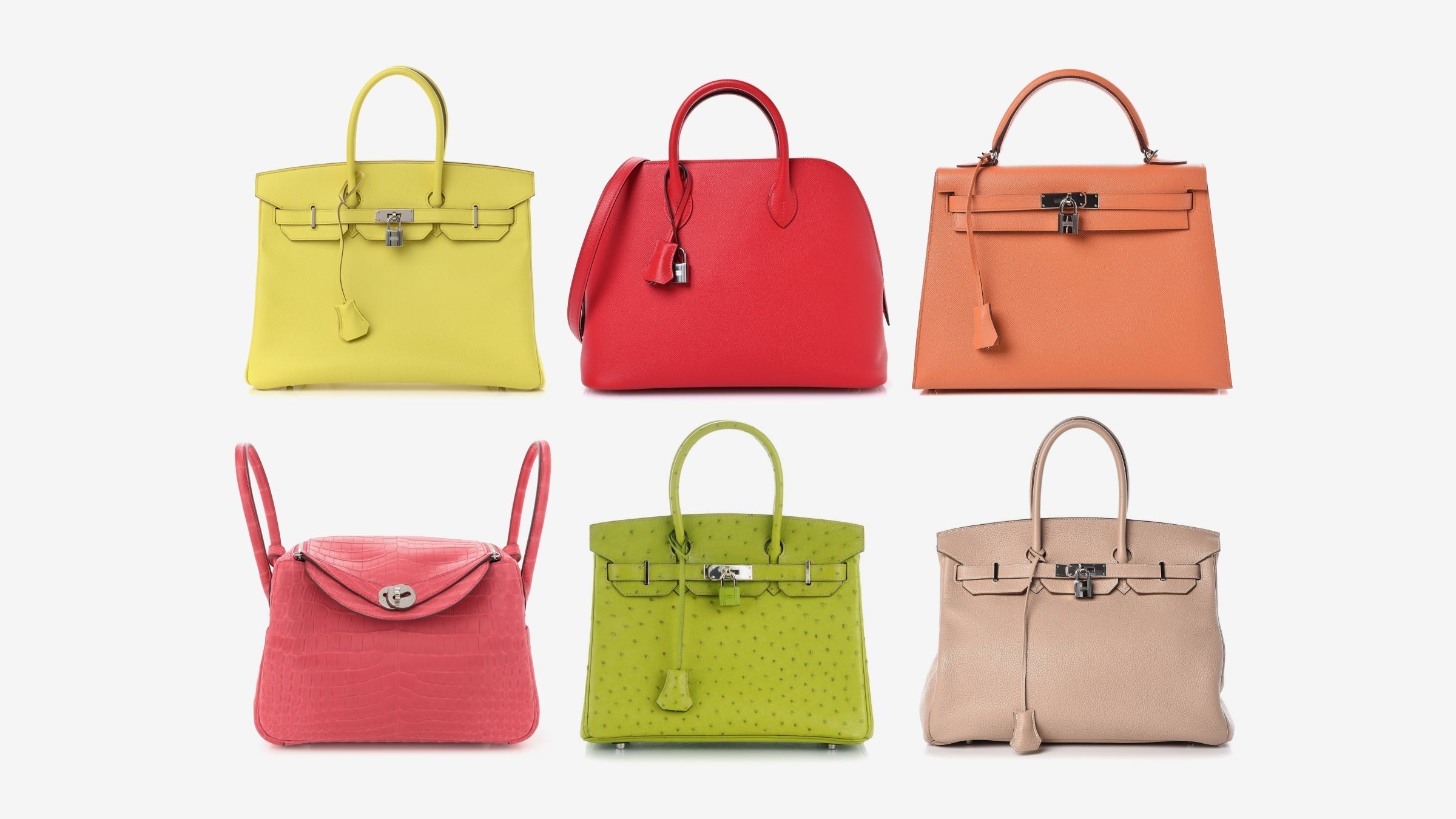 6 Hermes bags lined up in two rows of three that feature discounted colors
