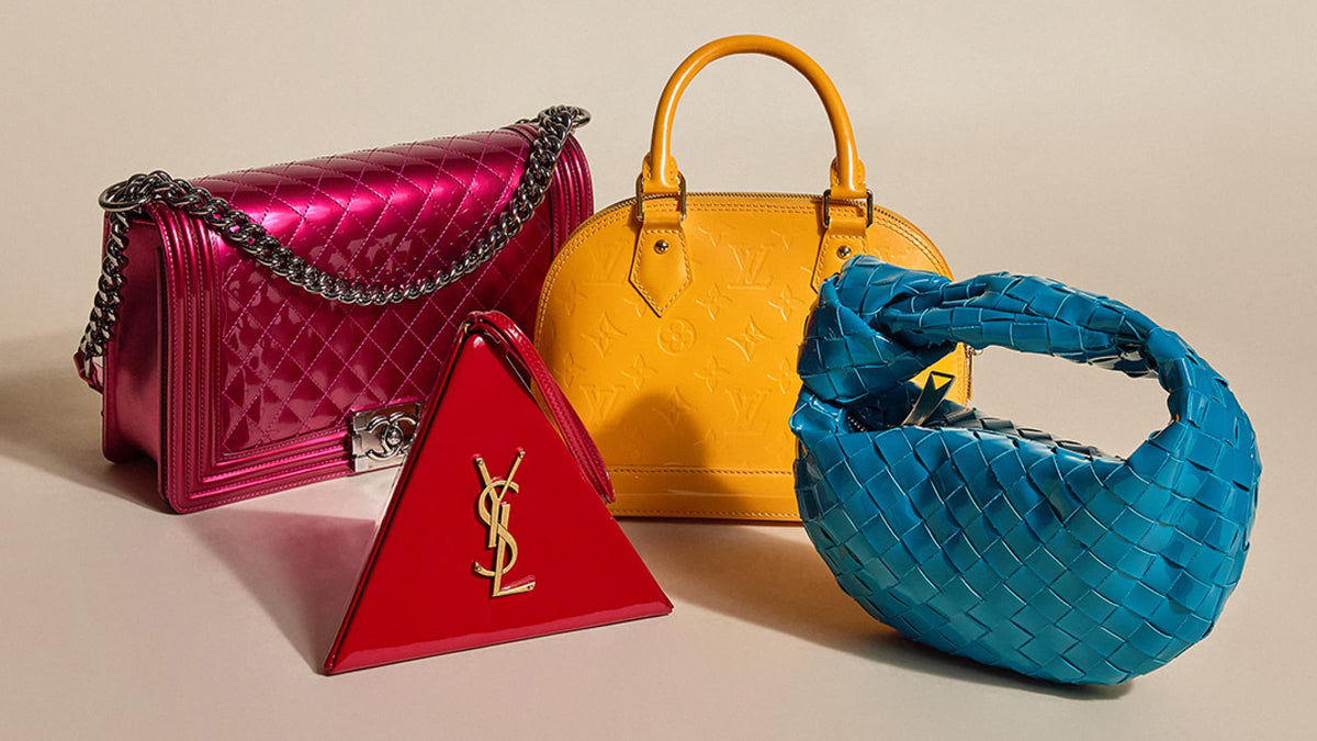 Patent leather bags from Chanel, Saint Laurent, LV, and Bottega.