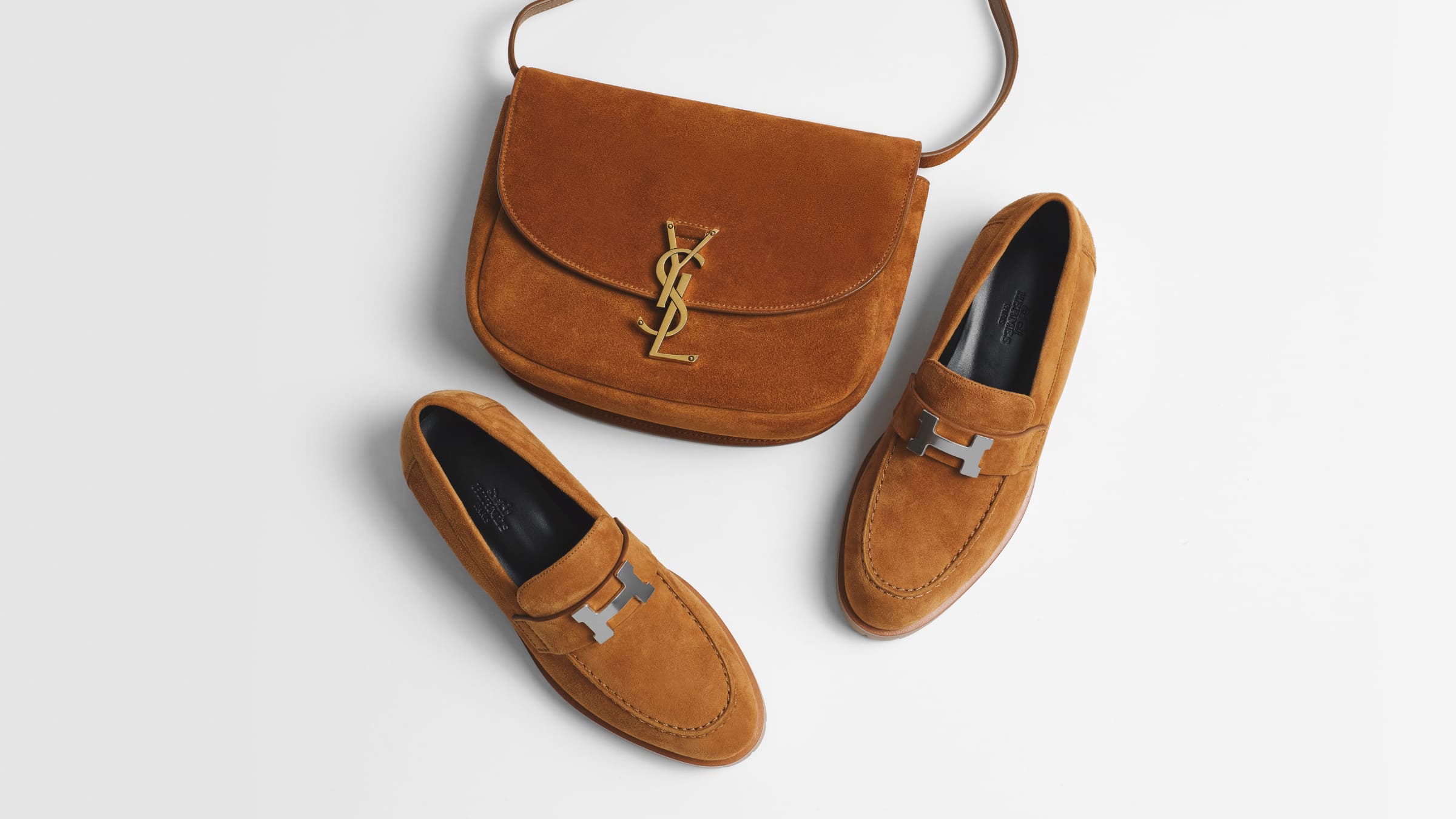 A Suede Saint Laurent Kaia bag and Suede Hermes Faubourg Loafers