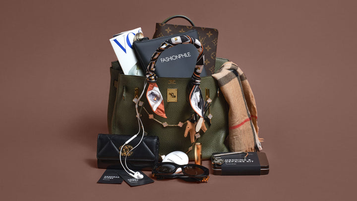 A messy Birkin with products from the Investment Protection Collection