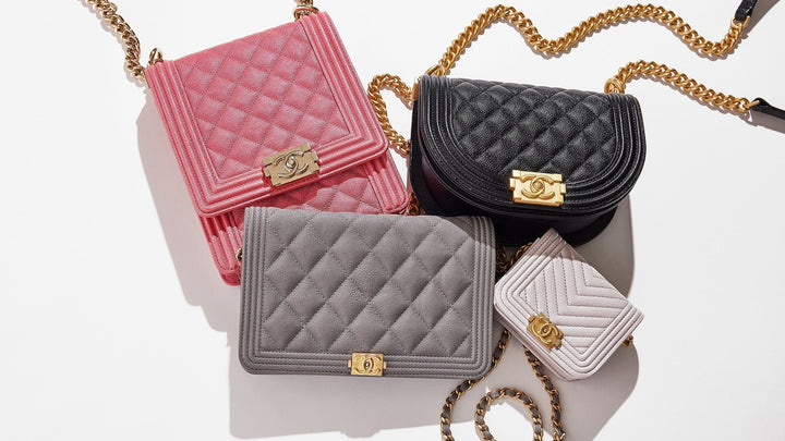 studio image on white of chanel boy bags grouped together FASHIONPHILE