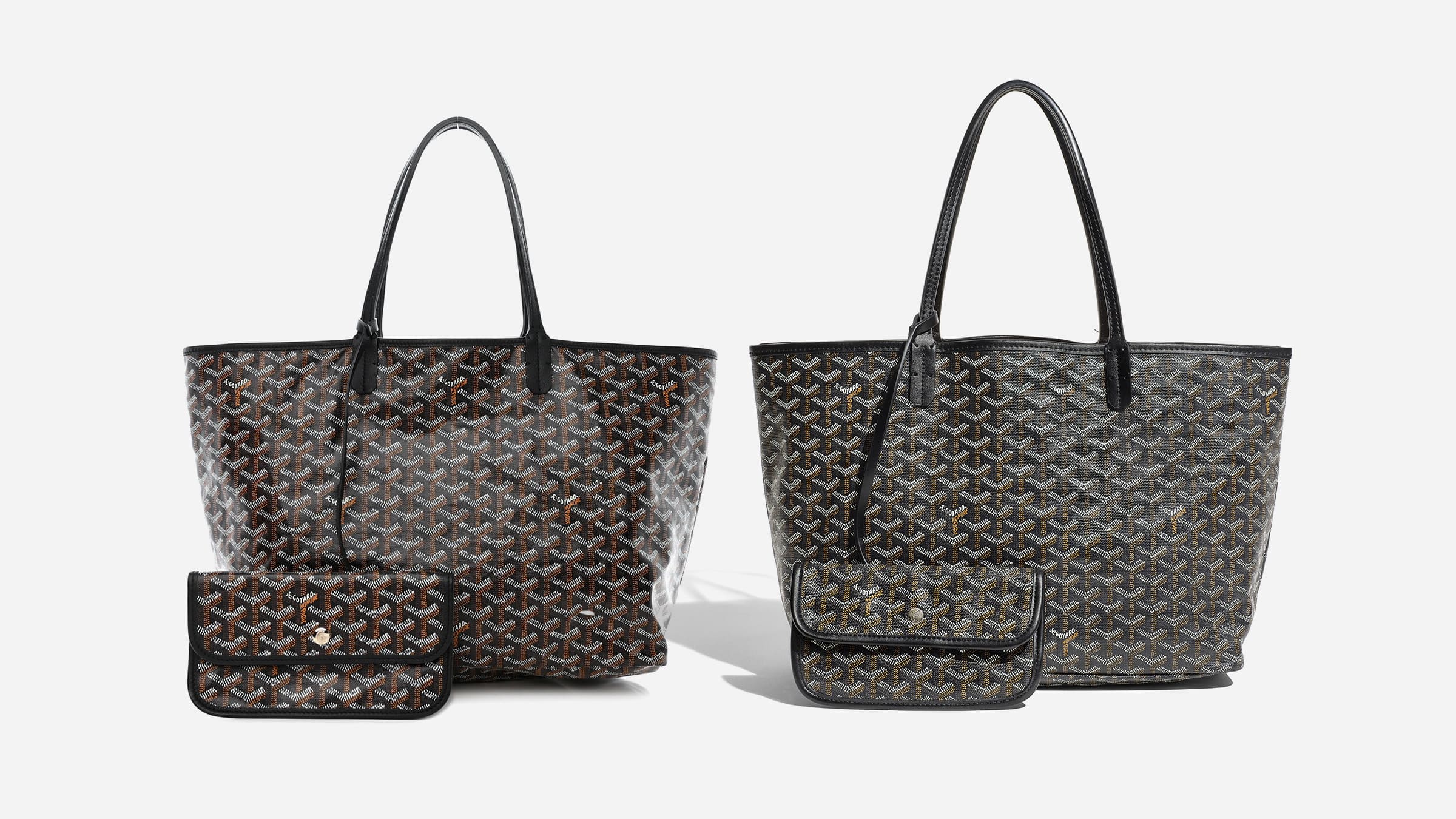 image of an authentic versus fake goyard saint louis tote in black by FASHIONPHILE