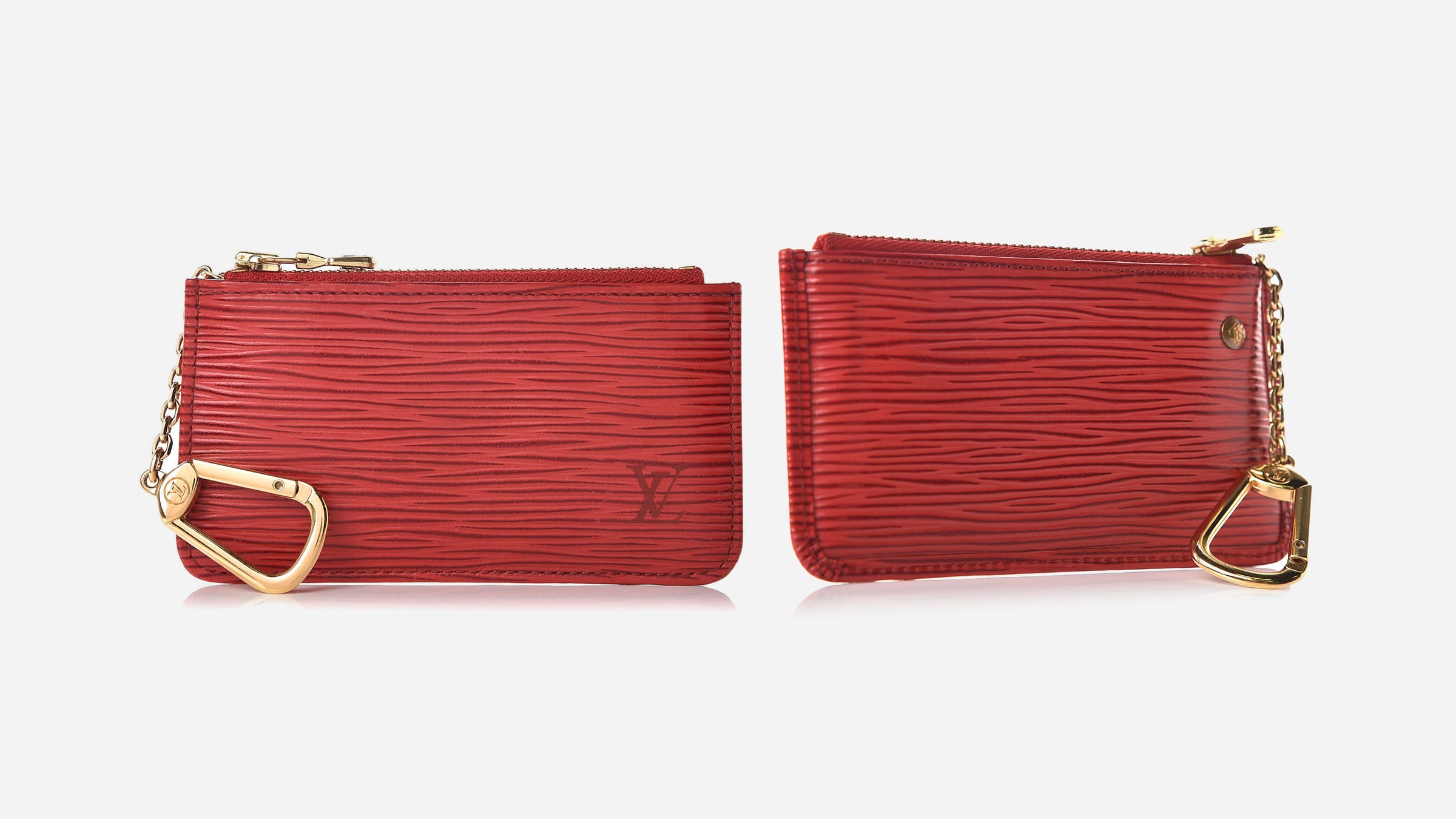 front and back view of an authentic louis vuitton epi key pouch in the color red by FASHIONPHILE