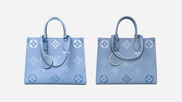 comparing an authentic versus fake louis vuitton onthego tote bag in the color blue by FASHIONPHILE