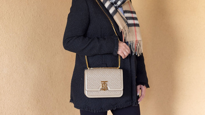 model wearing burberry bag and scarf FASHIONPHILE