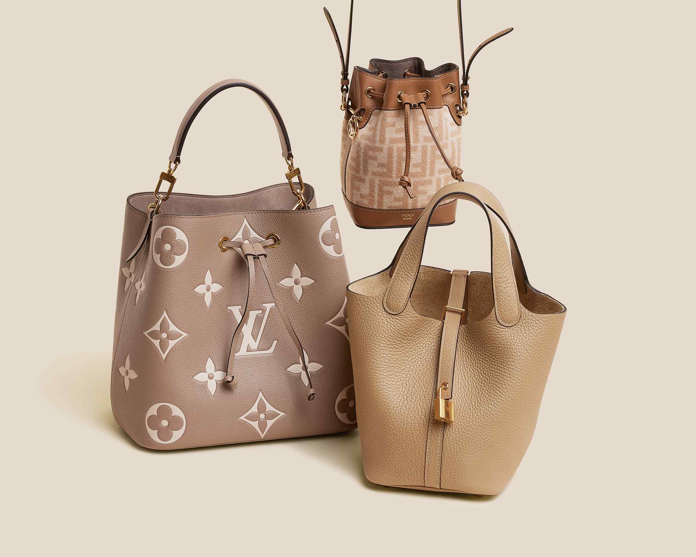 studio image of louis vuitton, hermes, and fendi bucket bags FASHIONPHILE
