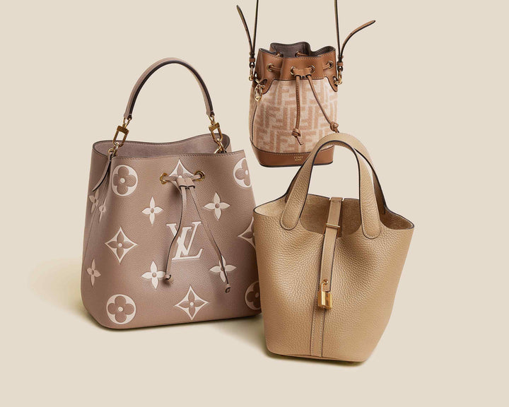 studio image of louis vuitton, hermes, and fendi bucket bags FASHIONPHILE