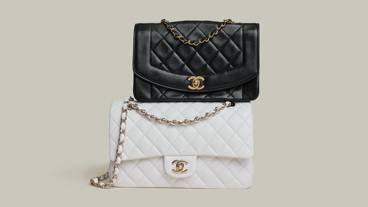 studio image of Chanel Diana flap and small double flap bags FASHIONPHILE