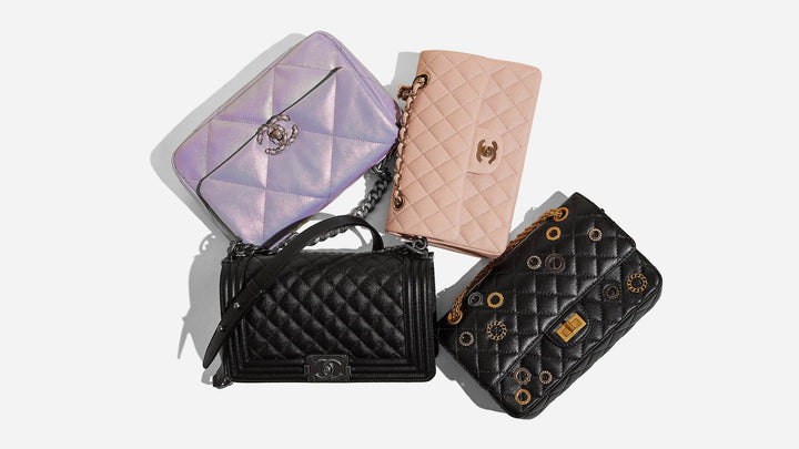 studio laydown of different chanel handbags FASHIONPHILE
