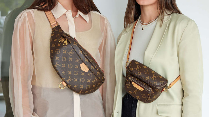 On figure mod shots comparing the original Louis Vuitton Monogram Bumbag worn as a crossbody with the new Louis Vuitton Mini Monogram Bumbag worn as a crossbody by FASHIONPHILE