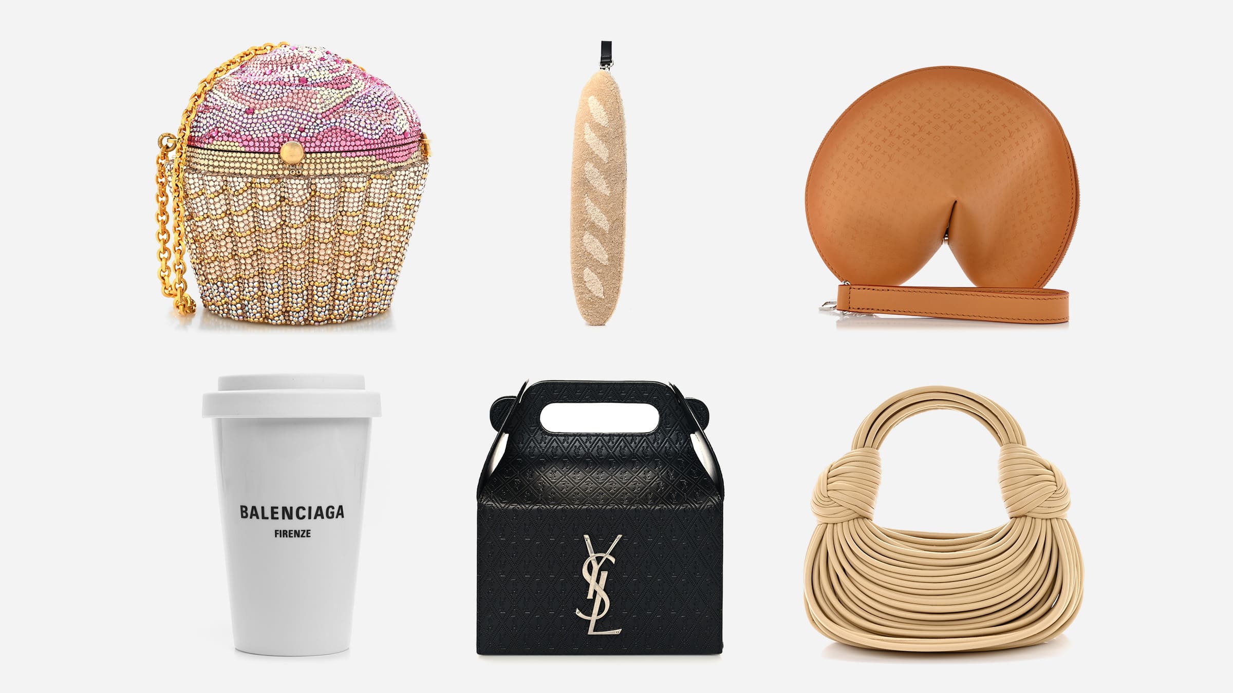 collage of food-inspired luxury handbags available to shop at FASHIONPHILE