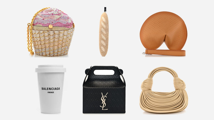 collage of food-inspired luxury handbags available to shop at FASHIONPHILE