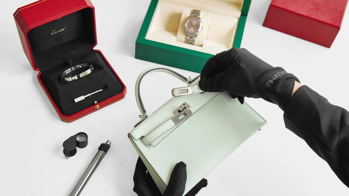 A FASHIONPHILE Master Authenticator examining ultra-luxury accessories, including an Hermes Kelly bag and Cartier LOVE bracelet