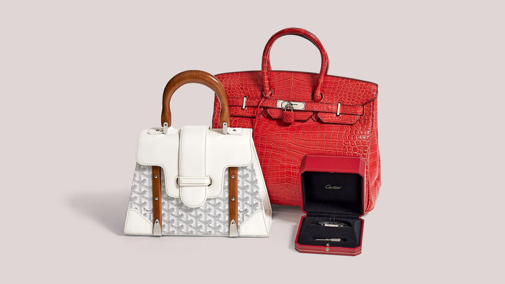 group of luxury bags and jewelry including a goyard saigon, hermes birkin, and cartier love bracelet that you can buy through FASHIONPHILE reserve luxury layaway