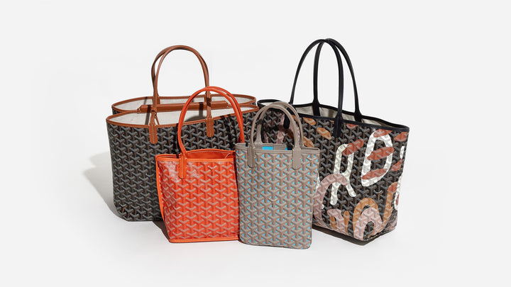 various goyard tote bag styles grouped together included the goyard isabelle tote, the goyard saint louis tote and the goyard ajou mini tote by FASHIONPHILE