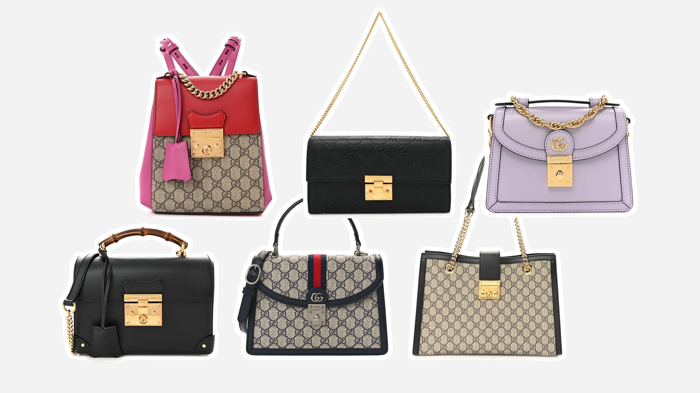 a collage of different gucci padlock handbag styles by FASHIONPHILE
