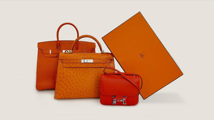 studio image of hermes orange bags and orange box FASHIONPHILE