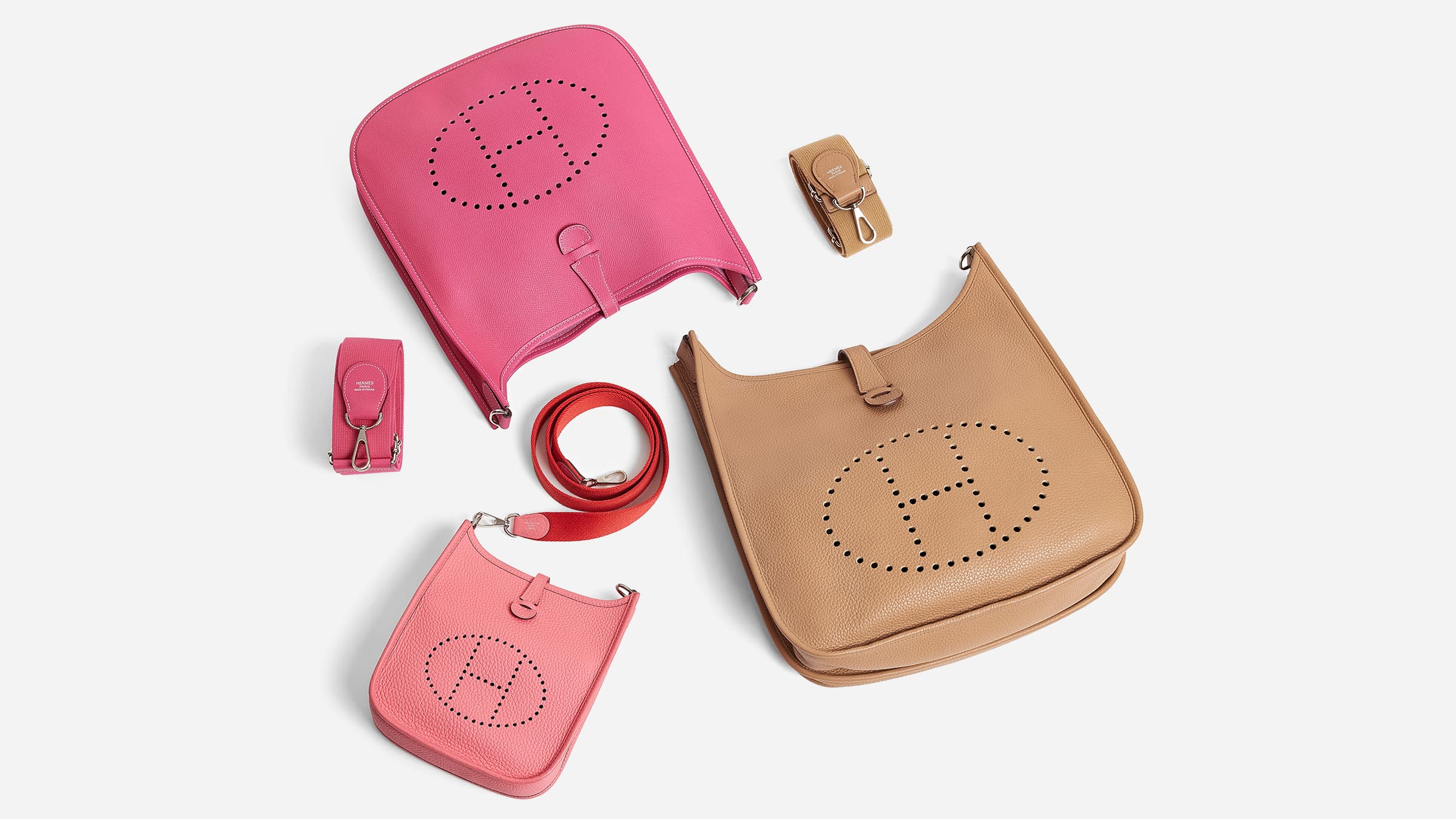 size comparisons of the different hermes evelyne sizes layed down next to each other by FASHIONPHILE
