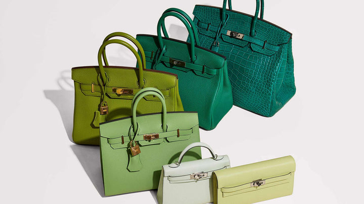 studio image of green hermes bags grouped together FASHIONPHILE