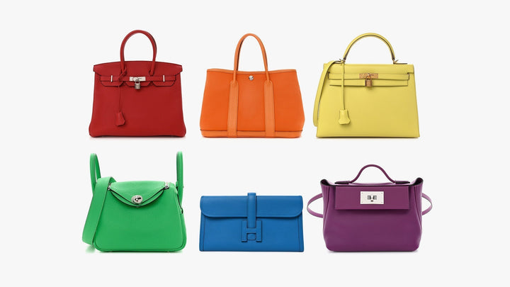rainbow collage of different colored hermes bags in different leathers by fashionphile