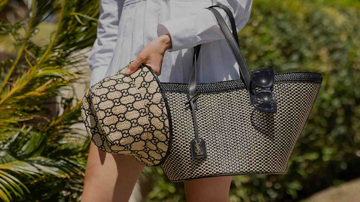 close up of model wearing raffia gucci hat and saint laurent bag FASHIONPHILE
