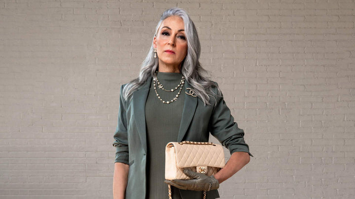 model wearing chanel jewerly with chanel flap bag FASHIONPHILE
