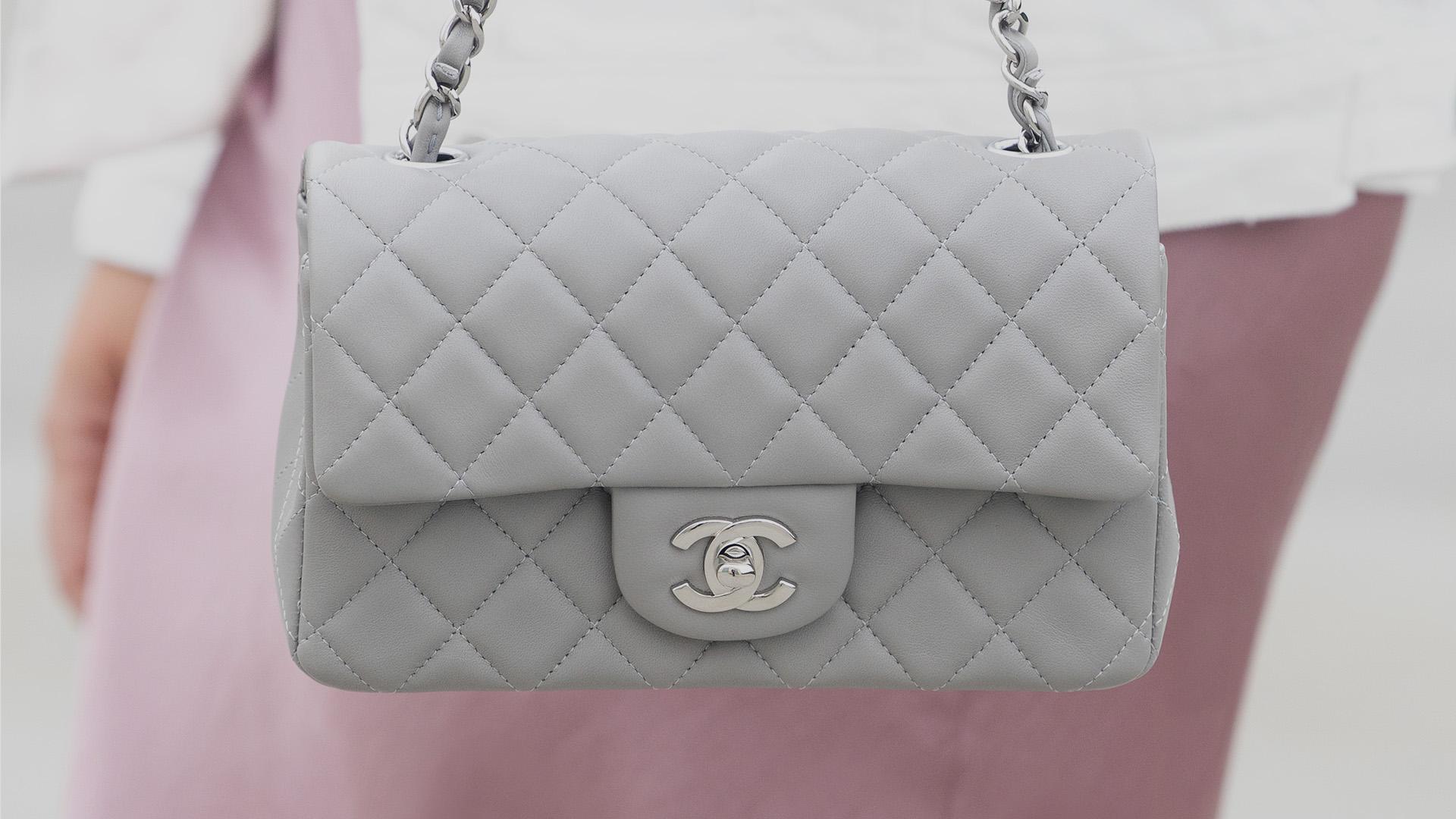 influencer wearing grey chanel mini flap bag FASHIONPHILE