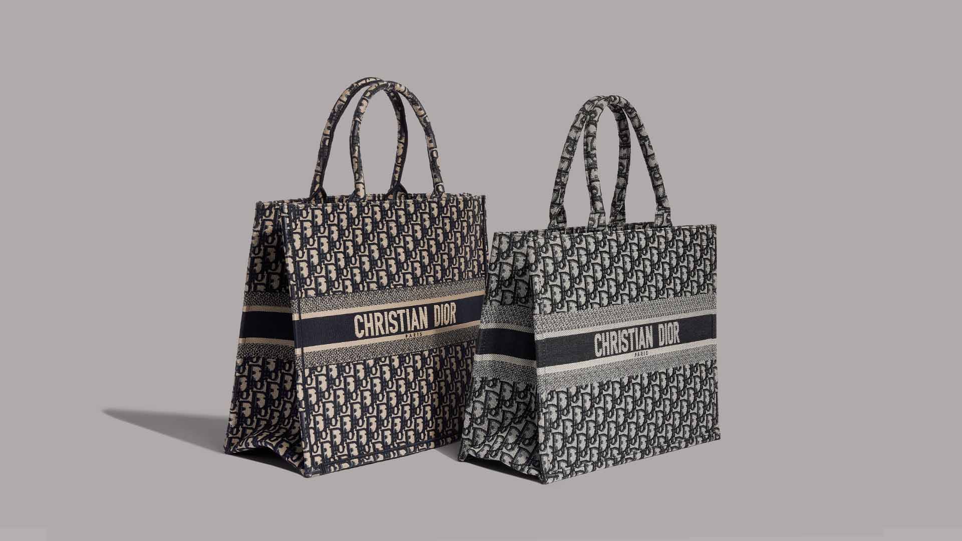 Studio image of real and fake Christian Dior Oblique book totes side by side