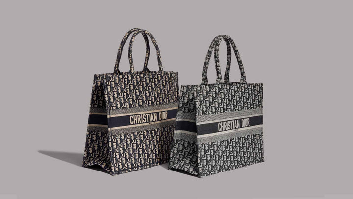 Studio image of real and fake Christian Dior Oblique book totes side by side