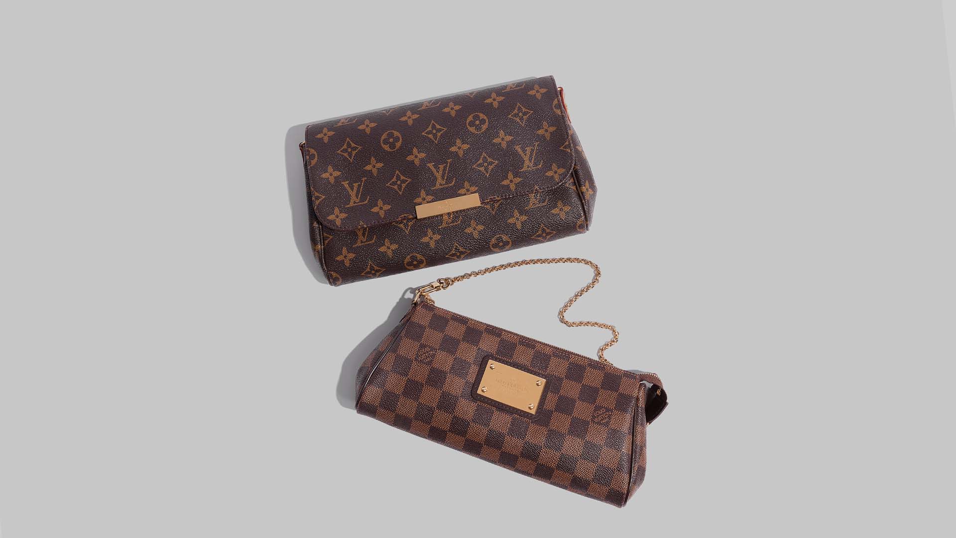 flat lay product image of louis vuitton monogram favorite mm and louis vuitton damier ebene eva clutch bags at FASHIONPHILE