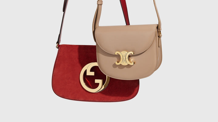this is an image by FASHIONPHILE of a red gucci blondie bag with a beige celine triomphe shoulder bag hanging together on a white background