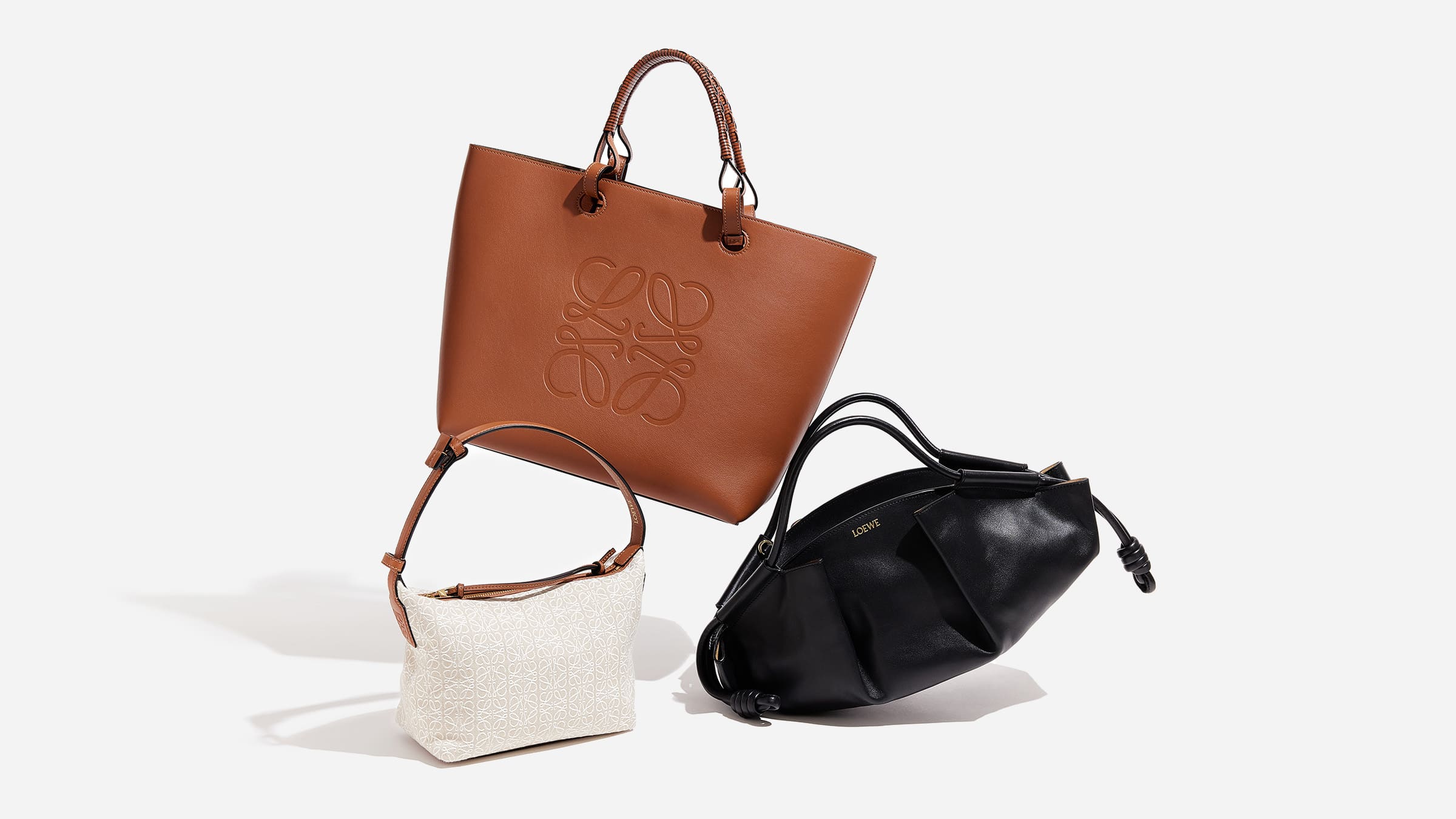different loewe bag styles merchandised together including the Loewe paseo bag, loewe anagram tote, and loewe cubi bag by FASHIONPHILE