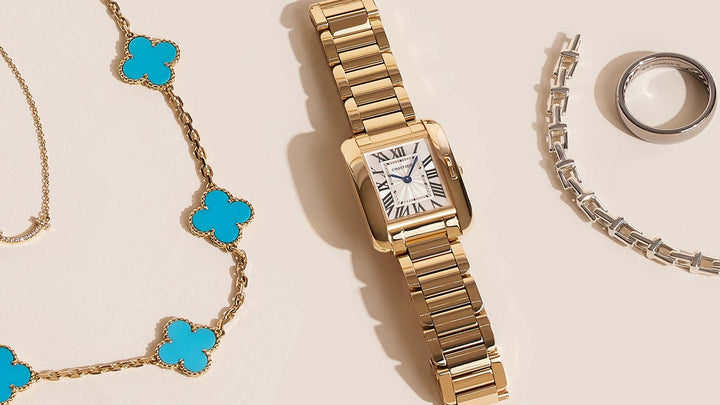 studio image of gold cartier tank watch FASHIONPHILE