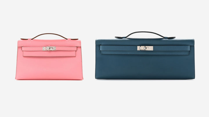side by side comparison of The Hermes Kelly Pochette Clutch and the Hermes Kelly Cut Clutch Pochette by FASHIONPHILE
