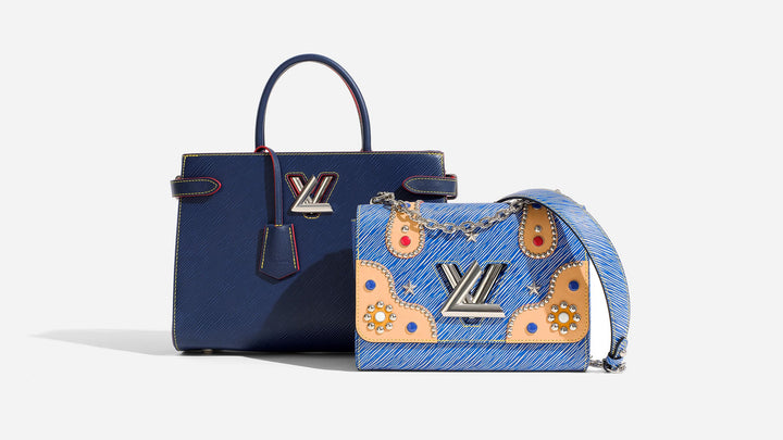 Different Louis Vuitton Twist handbags in the color blue by FASHIONPHILE
