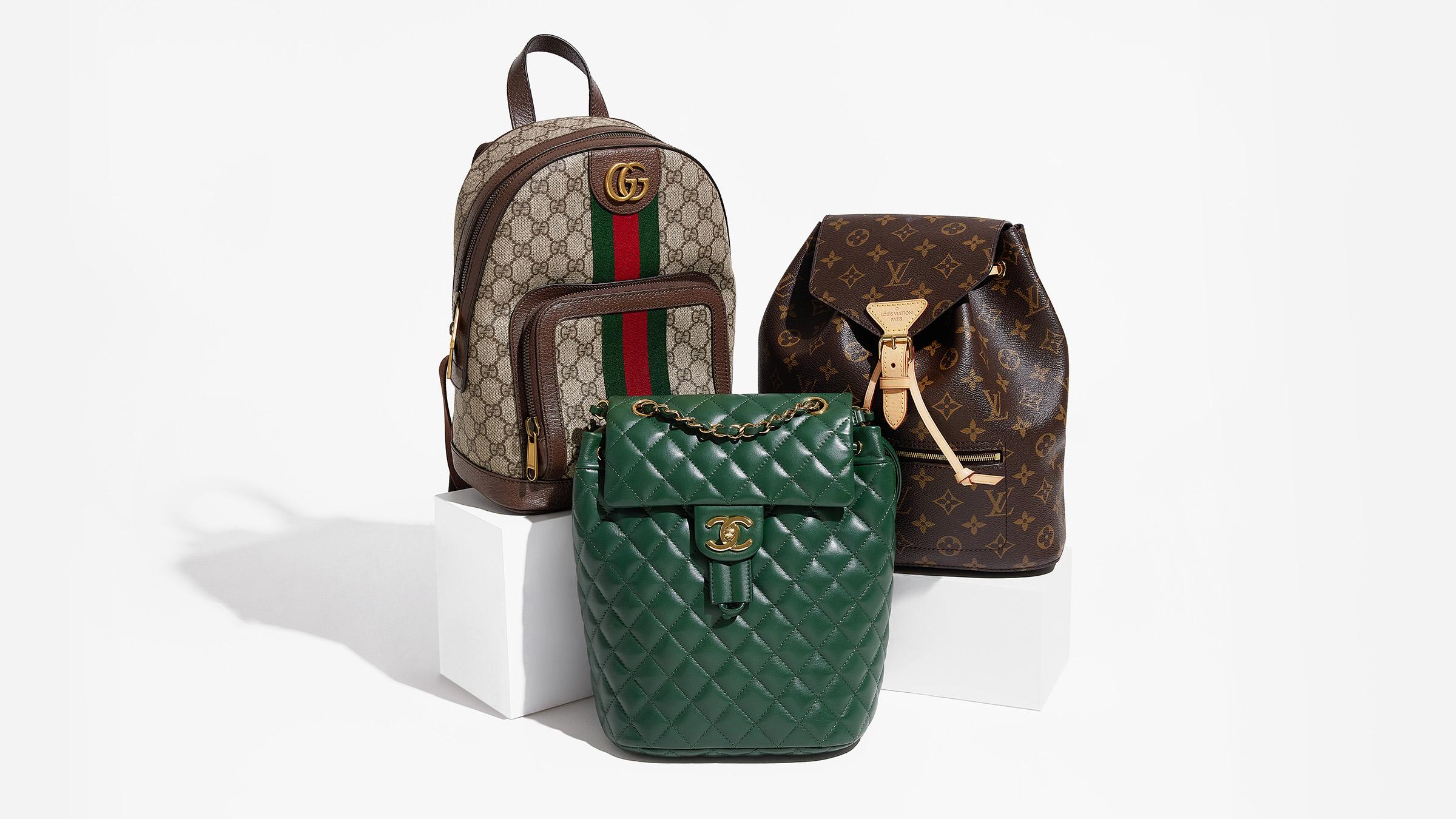 studio image of three designer backpacks grouped together from gucci, chanel, and louis vuitton FASHIONPHILE