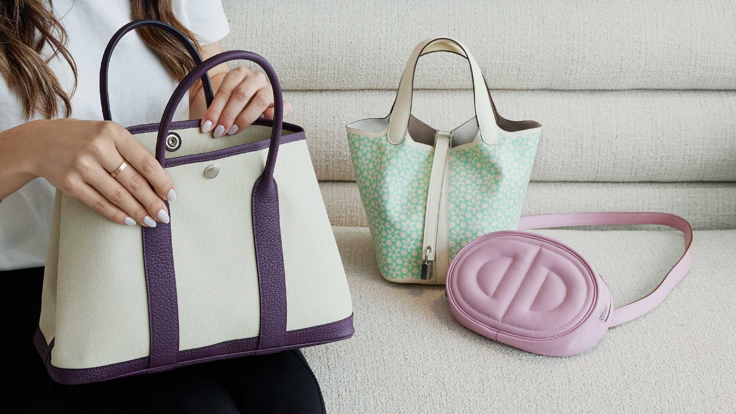 This is a main image for a FASHIONPHILE blog post about mastering Hermes styles featuring the Hermes Garden Party tote bag, Picotin, and Loop bag