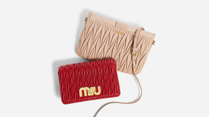 image of miu miu matelasse bags in the colors pink and red by FASHIONPHILE