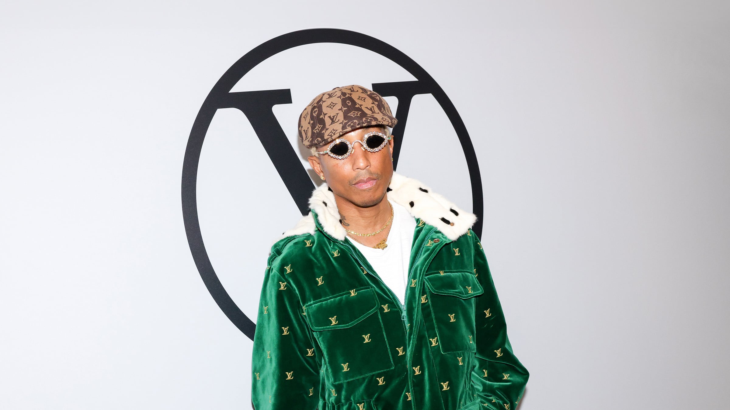 press photo of Pharrell Williams at Louis Vuitton show