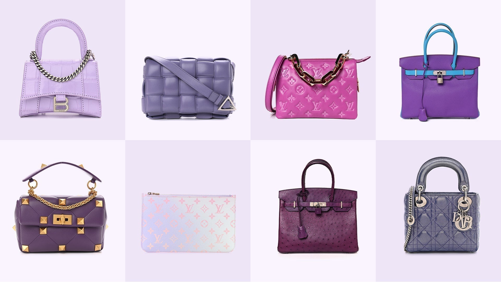 collage of purple bags from Louis Vuitton, Bottega Veneta, Hermes and more FASHIONPHILE