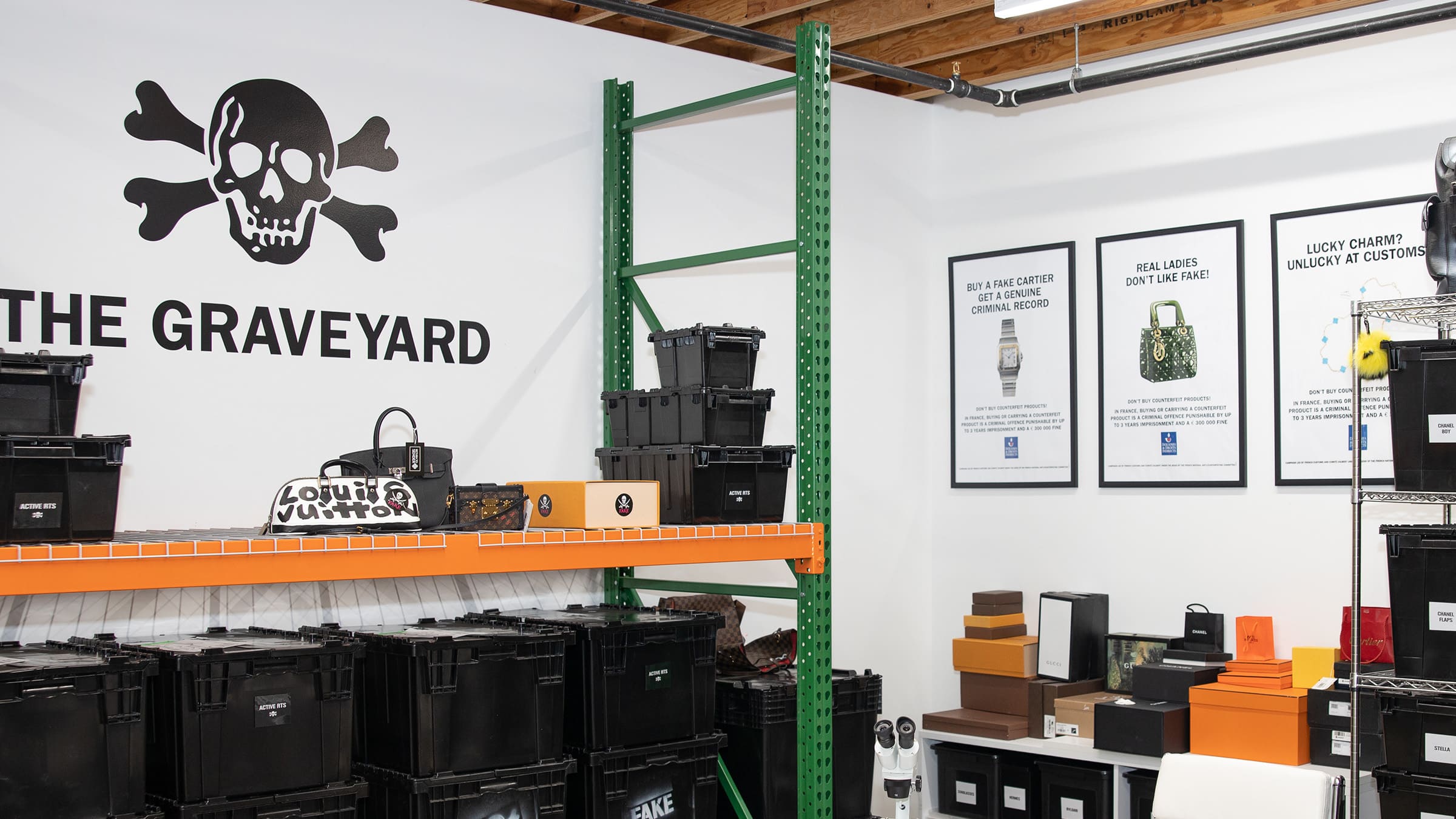 image of the FASHIONPHILE graveyard where all the fake bags are stored away