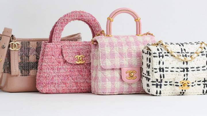 Lineup of different Chanel bags in Tweed showcased in shades of pink and black and white