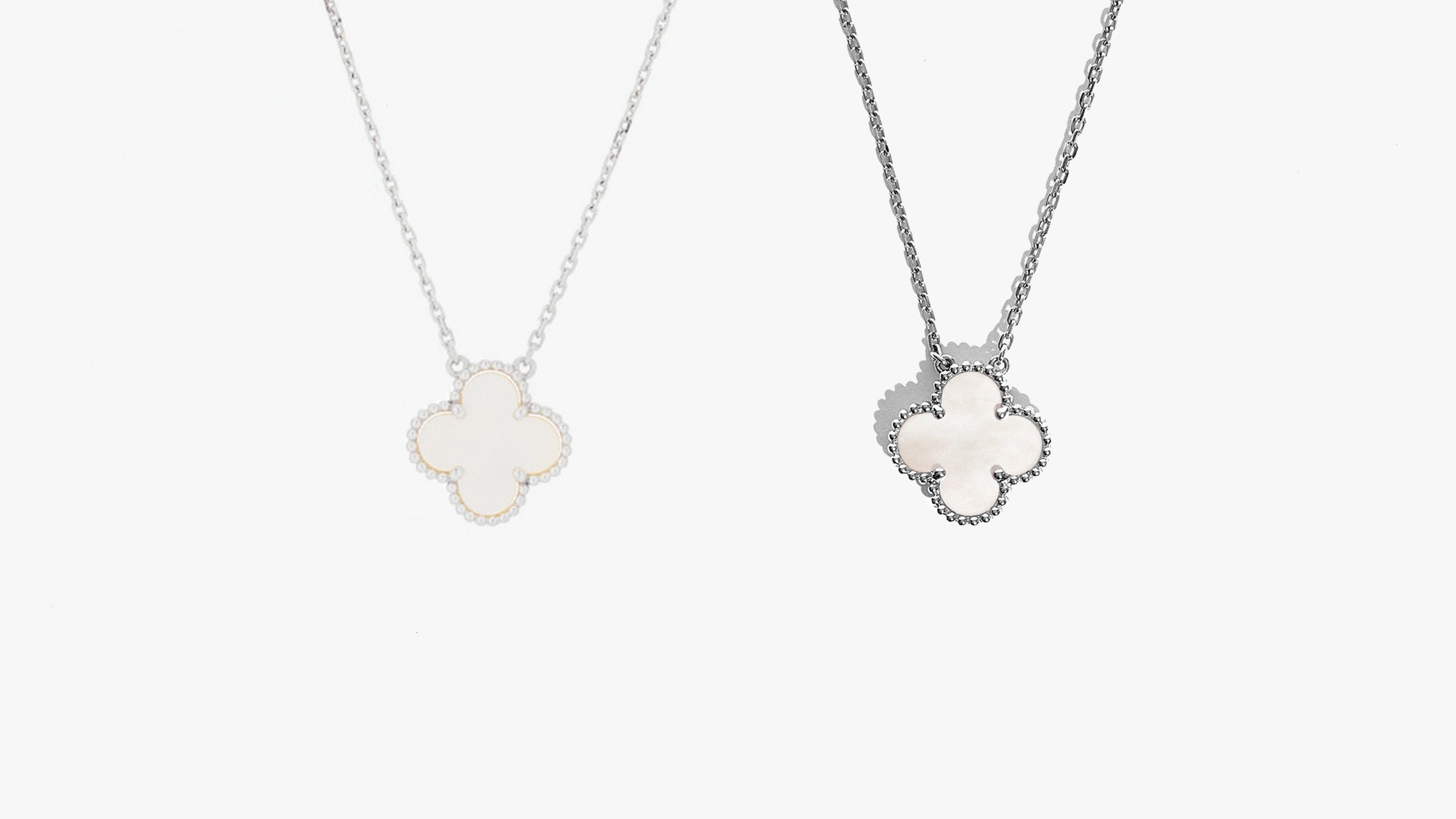 this is an image of an authentic versus fake van cleef & alhambra pendant necklace side by side comparison by fashionphile
