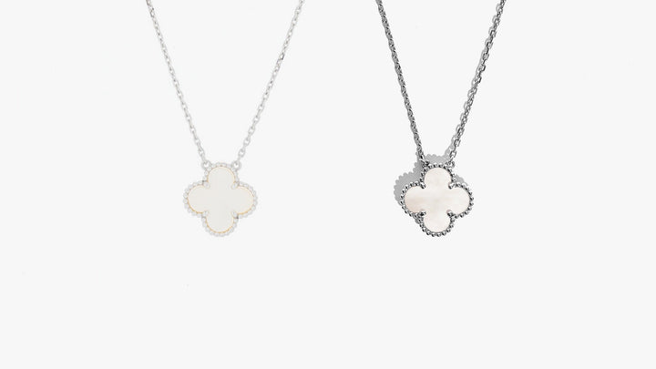 this is an image of an authentic versus fake van cleef & alhambra pendant necklace side by side comparison by fashionphile