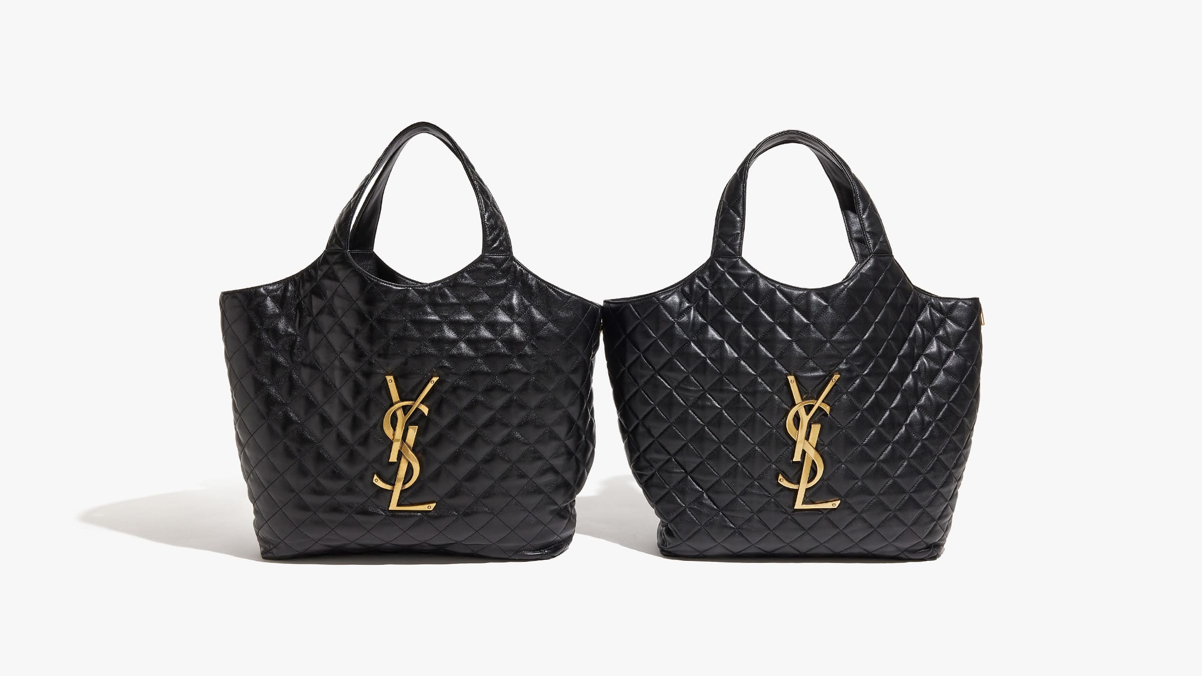 a real and fake saint laurent leather icare maxi shopping tote bag side by side from FASHIONPHILE