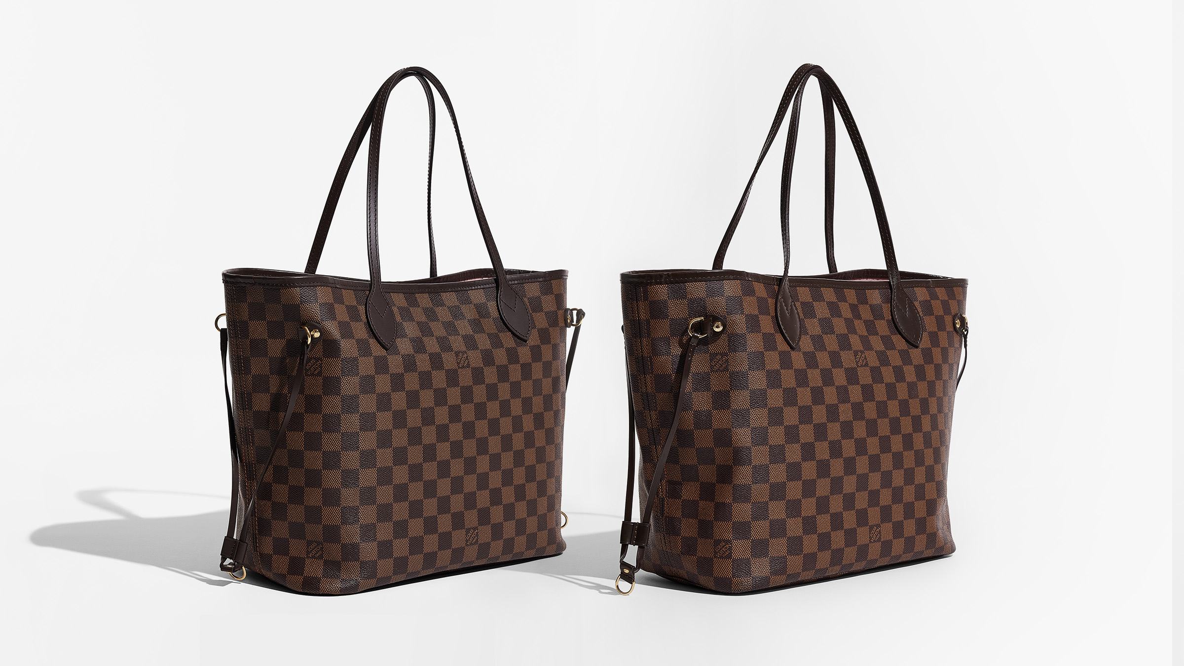 this is an image of an authentic versus fake louis vuitton damier ebene neverfull mm bag by fashionphile